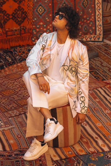 Shop_Jatin Malik_Ivory Linen, Silk, Modal, Rayon The Water Lily Hand Painted Blazer With Trouser 