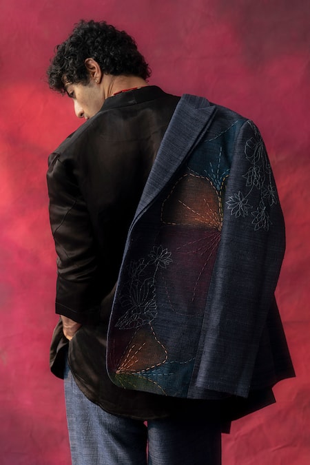 Shop_Jatin Malik_Blue Silk, Linen Embroidery The Chrysanthemum Hand Painted Blazer With Trouser _at_Aza_Fashions