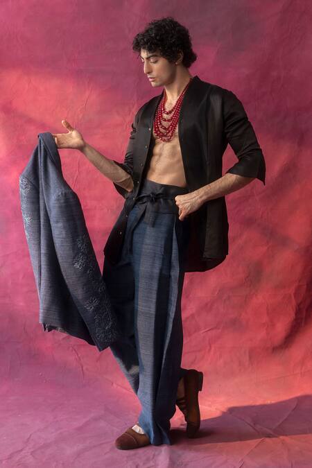 Jatin Malik_Blue Silk, Linen Embroidery The Chrysanthemum Hand Painted Blazer With Trouser _Online_at_Aza_Fashions