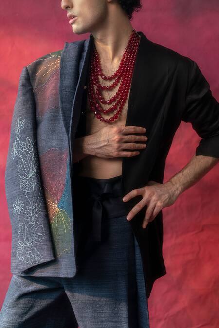 Buy_Jatin Malik_Blue Silk, Linen Embroidery The Chrysanthemum Hand Painted Blazer With Trouser _Online_at_Aza_Fashions