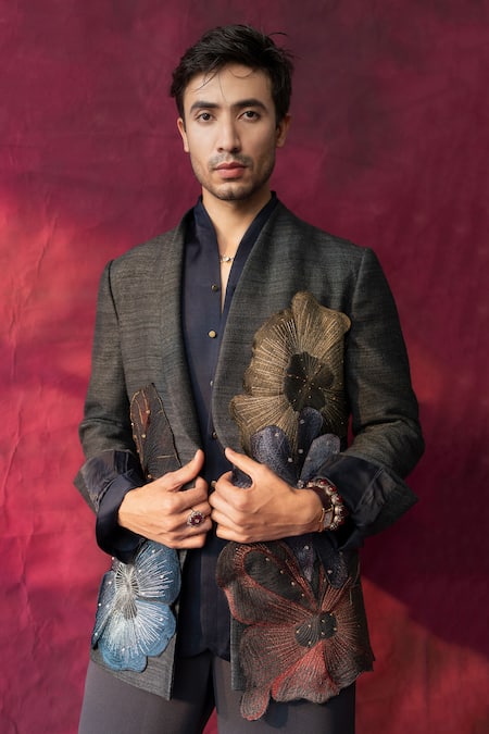 Jatin Malik_Grey Silk, Linen Beads, Pearls La Fleur Hand Embroidered Blazer With Trouser _Online_at_Aza_Fashions