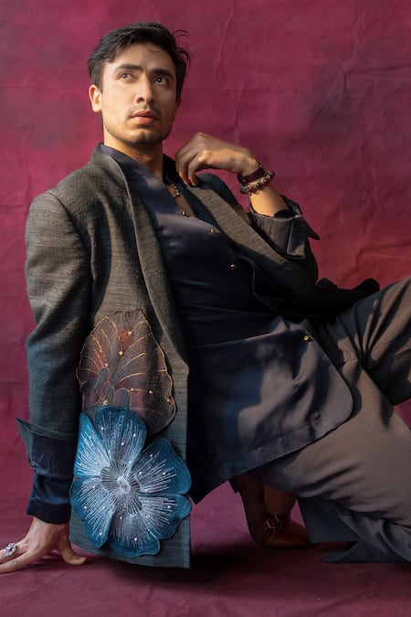 Buy_Jatin Malik_Grey Silk, Linen Beads, Pearls La Fleur Hand Embroidered Blazer With Trouser _Online_at_Aza_Fashions