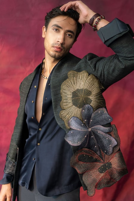 Shop_Jatin Malik_Grey Silk, Linen Beads, Pearls La Fleur Hand Embroidered Blazer With Trouser _Online_at_Aza_Fashions