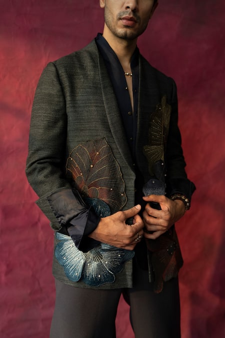 Jatin Malik_Grey Silk, Linen Beads, Pearls La Fleur Hand Embroidered Blazer With Trouser _at_Aza_Fashions