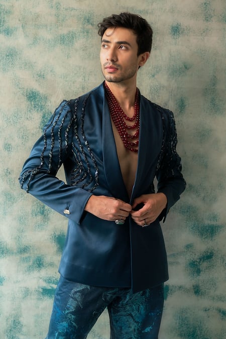 Jatin Malik_Blue Linen, Silk Zari The Sage Embroidered Blazer With Trouser _Online_at_Aza_Fashions