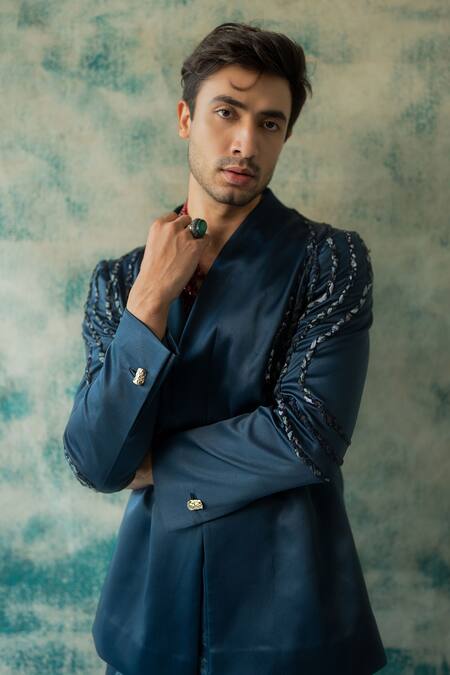 Buy_Jatin Malik_Blue Linen, Silk Zari The Sage Embroidered Blazer With Trouser _Online_at_Aza_Fashions