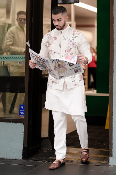 Shop_Jatin Malik_Ivory Silk Embroidery, Beads Floral Nehru Jacket Set _at_Aza_Fashions