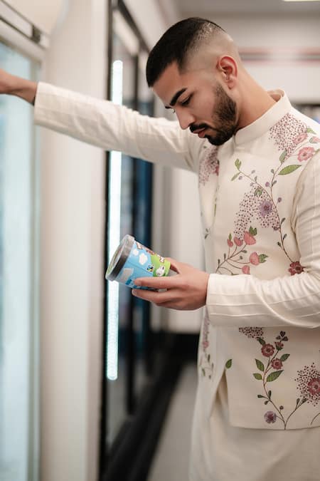 Jatin Malik_Ivory Silk Embroidery, Beads Floral Nehru Jacket Set _Online_at_Aza_Fashions