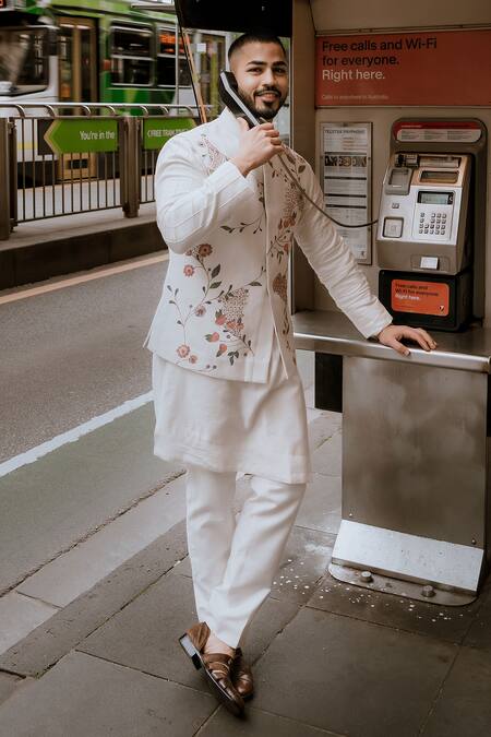 Shop_Jatin Malik_Ivory Silk Embroidery, Beads Floral Nehru Jacket Set _Online_at_Aza_Fashions