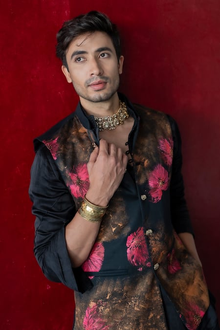 Jatin Malik_Black Modal, Rayon Beads, Embroidery Hand Painted Nehru Jacket Set _Online_at_Aza_Fashions