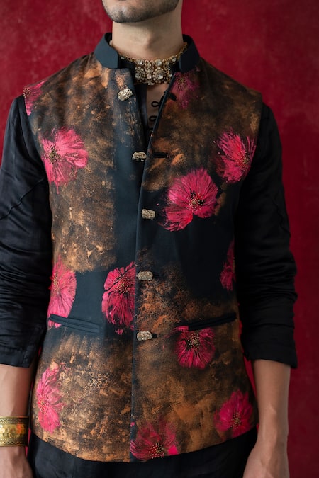 Shop_Jatin Malik_Black Modal, Rayon Beads, Embroidery Hand Painted Nehru Jacket Set _Online_at_Aza_Fashions