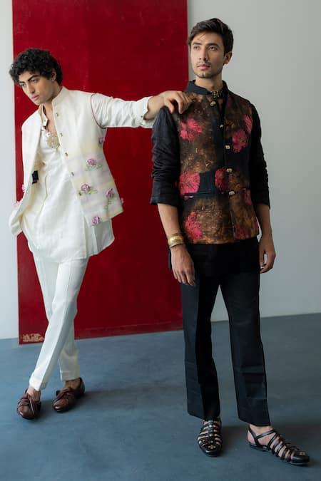 Shop_Jatin Malik_Ivory Silk Embroidery The Giverny Hand Painted Nehru Jacket Set _at_Aza_Fashions