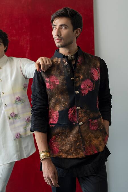 Jatin Malik_Ivory Silk Embroidery The Giverny Hand Painted Nehru Jacket Set _at_Aza_Fashions