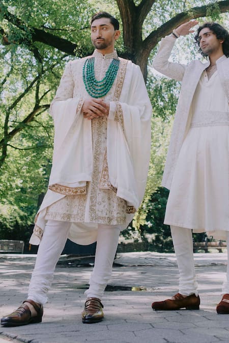Shop Jatin Malik Ivory Linen, Silk Embroidery Meadow Flower Sherwani at Aza Fashions Shop_Jatin Malik_Ivory Linen, Silk Embroidery Meadow Flower Sherwani _at_Aza_Fashions