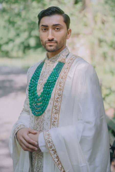 Shop Jatin Malik Ivory Linen, Silk Embroidery Meadow Flower Sherwani Online at Aza Fashions Shop_Jatin Malik_Ivory Linen, Silk Embroidery Meadow Flower Sherwani _Online_at_Aza_Fashions