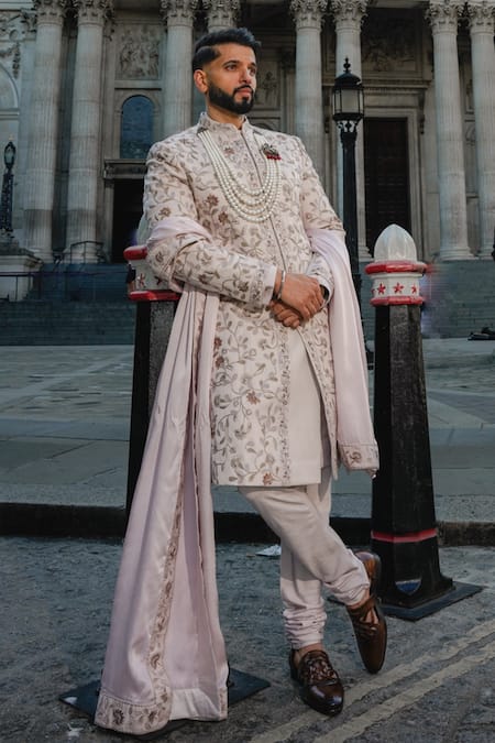 Shop Jatin Malik Purple Linen, Silk Embroidery Floral Veil Hand Sherwani Set at Aza Fashions Shop_Jatin Malik_Purple Linen, Silk Embroidery Floral Veil Hand Sherwani Set _at_Aza_Fashions