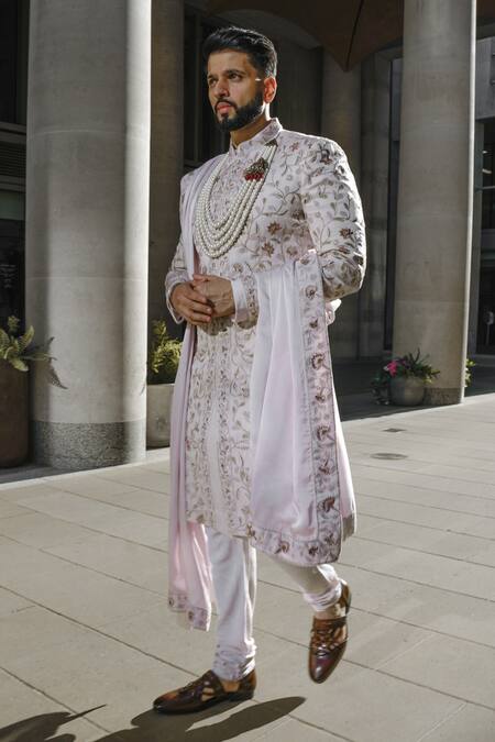 Shop Jatin Malik Purple Linen, Silk Embroidery Floral Veil Hand Sherwani Set Online at Aza Fashions Shop_Jatin Malik_Purple Linen, Silk Embroidery Floral Veil Hand Sherwani Set _Online_at_Aza_Fashions