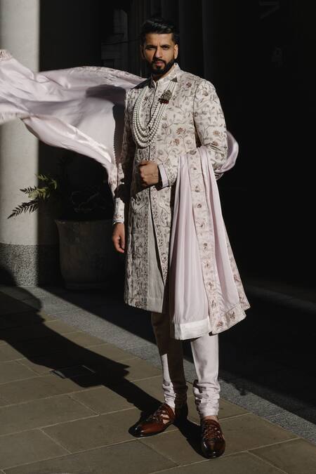 Buy Jatin Malik Purple Linen, Silk Embroidery Floral Veil Hand Sherwani Set Buy_Jatin Malik_Purple Linen, Silk Embroidery Floral Veil Hand Sherwani Set