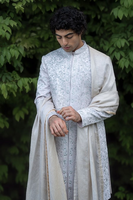 Jatin Malik Purple Linen, Silk Embroidery Floral Hand Sherwani Set Online at Aza Fashions Jatin Malik_Purple Linen, Silk Embroidery Floral Hand Sherwani Set _Online_at_Aza_Fashions