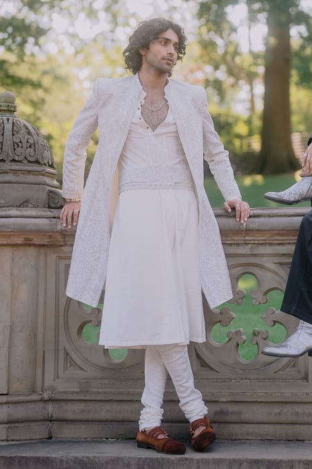 Shop Jatin Malik Ivory Linen, Silk Cut Work, Embroidery Floral Sherwani Set at Aza Fashions Shop_Jatin Malik_Ivory Linen, Silk Cut Work, Embroidery Floral Sherwani Set _at_Aza_Fashions