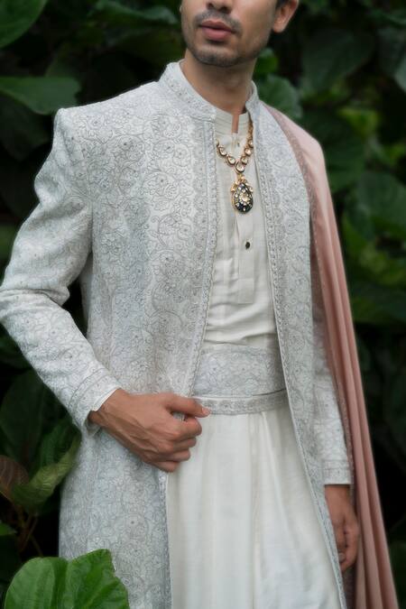 Shop Jatin Malik Ivory Linen, Silk Cut Work, Embroidery Floral Sherwani Set Online at Aza Fashions Shop_Jatin Malik_Ivory Linen, Silk Cut Work, Embroidery Floral Sherwani Set _Online_at_Aza_Fashions