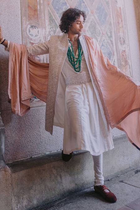 Jatin Malik Ivory Linen, Silk Cut Work, Embroidery Floral Sherwani Set at Aza Fashions Jatin Malik_Ivory Linen, Silk Cut Work, Embroidery Floral Sherwani Set _at_Aza_Fashions