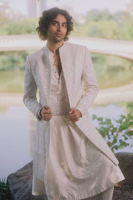 Buy Jatin Malik Ivory Linen, Silk Cut Work, Embroidery Floral Sherwani Set Buy_Jatin Malik_Ivory Linen, Silk Cut Work, Embroidery Floral Sherwani Set