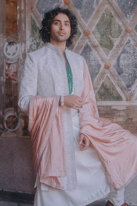 Shop Jatin Malik Ivory Linen, Silk Cut Work, Embroidery Floral Sherwani Set Shop_Jatin Malik_Ivory Linen, Silk Cut Work, Embroidery Floral Sherwani Set