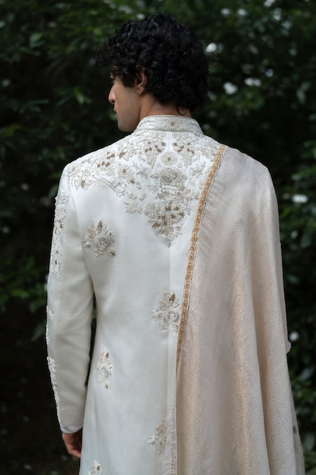 Shop Jatin Malik Ivory Linen, Silk Embroidery, Beads Sherwani Set With Stole at Aza Fashions Shop_Jatin Malik_Ivory Linen, Silk Embroidery, Beads Sherwani Set With Stole _at_Aza_Fashions