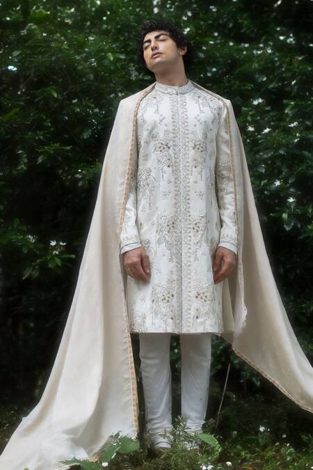 Jatin Malik Ivory Linen, Silk Embroidery, Beads Sherwani Set With Stole Online at Aza Fashions Jatin Malik_Ivory Linen, Silk Embroidery, Beads Sherwani Set With Stole _Online_at_Aza_Fashions