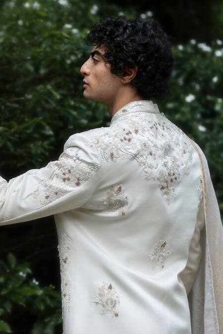 Buy Jatin Malik Ivory Linen, Silk Embroidery, Beads Sherwani Set With Stole Online at Aza Fashions Buy_Jatin Malik_Ivory Linen, Silk Embroidery, Beads Sherwani Set With Stole _Online_at_Aza_Fashions
