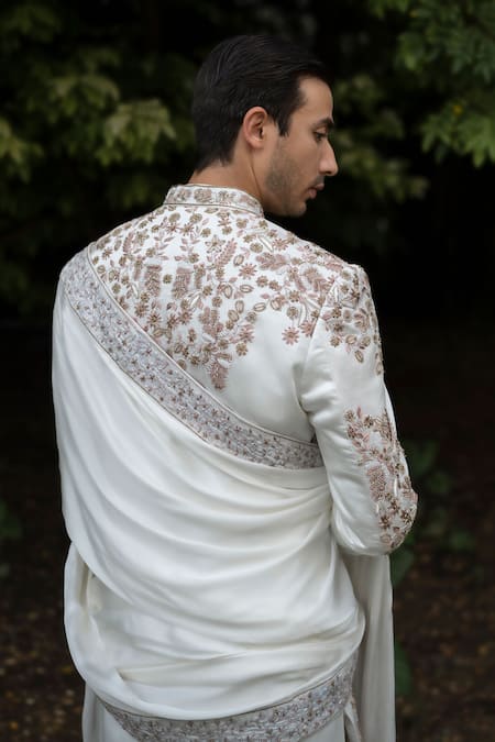 Shop Jatin Malik Ivory Linen, Silk Embroidery, Beads, Sequins Fleur Sherwani Set at Aza Fashions Shop_Jatin Malik_Ivory Linen, Silk Embroidery, Beads, Sequins Fleur Sherwani Set _at_Aza_Fashions