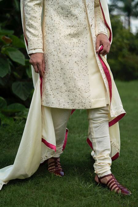 Jatin Malik_Yellow Linen, Silk Embroidery Floral Sherwani Set _Online_at_Aza_Fashions