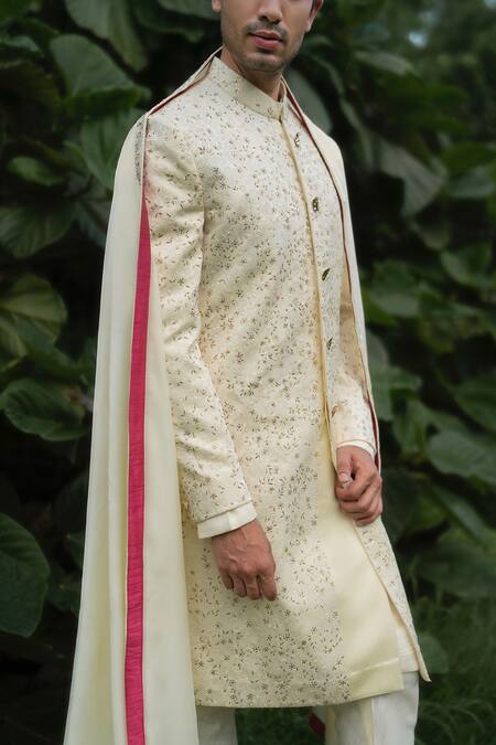 Buy_Jatin Malik_Yellow Linen, Silk Embroidery Floral Sherwani Set _Online_at_Aza_Fashions