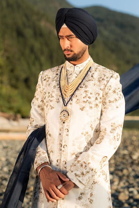 Shop_Jatin Malik_Ivory Linen, Silk Embroidery Floral Sherwani Set _at_Aza_Fashions
