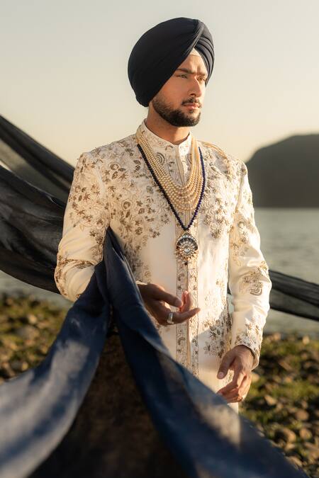Shop_Jatin Malik_Ivory Linen, Silk Embroidery Floral Sherwani Set _Online_at_Aza_Fashions