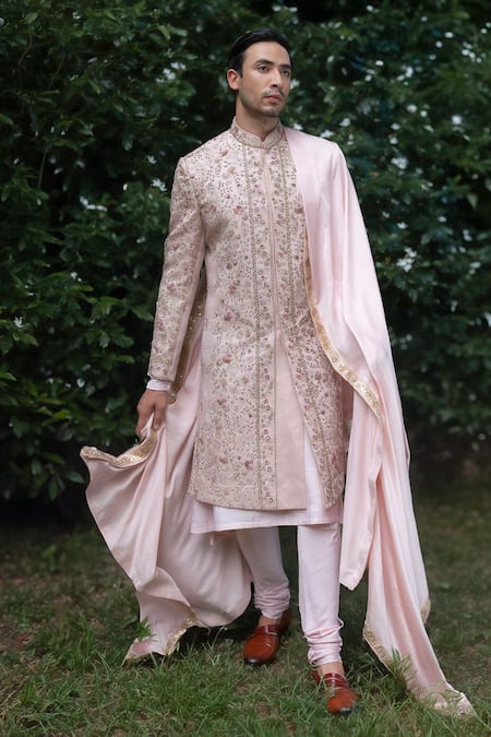 Jatin Malik Pink Linen Silk Embroidered Aari Primerose Sherwani Set With Stole 