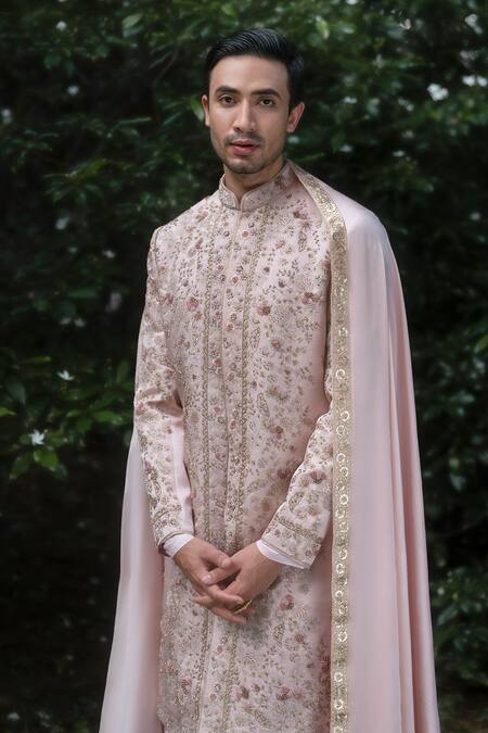 Jatin Malik_Blush Linen, Silk Beads, Zari Primerose Embroidered Sherwani Set _Online_at_Aza_Fashions