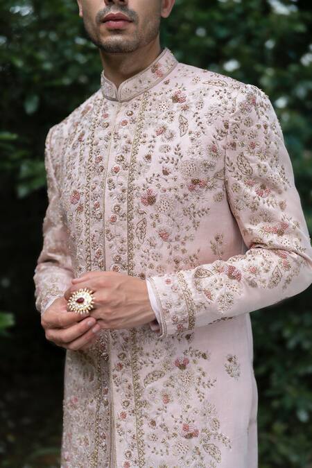 Buy_Jatin Malik_Blush Linen, Silk Beads, Zari Primerose Embroidered Sherwani Set _Online_at_Aza_Fashions