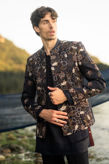 Shop_Jatin Malik_Blue Linen, Silk Beads, Embroidery Short Jacket With Kurta Set _at_Aza_Fashions