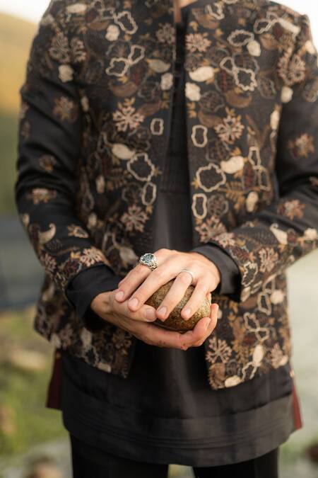 Jatin Malik_Blue Linen, Silk Beads, Embroidery Short Jacket With Kurta Set _Online_at_Aza_Fashions