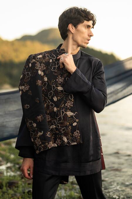 Buy_Jatin Malik_Blue Linen, Silk Beads, Embroidery Short Jacket With Kurta Set _Online_at_Aza_Fashions