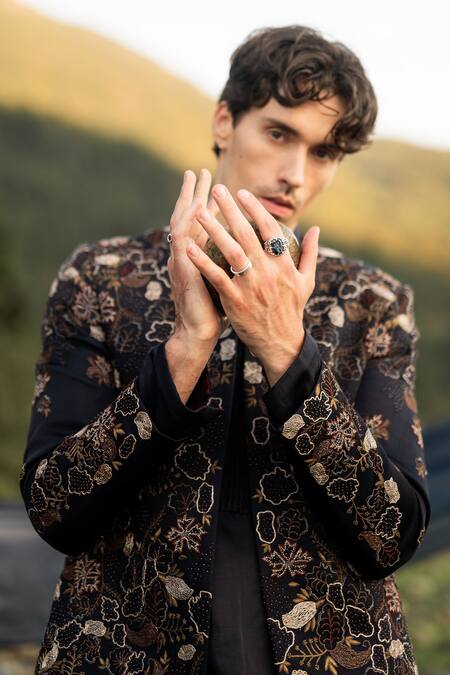 Shop_Jatin Malik_Blue Linen, Silk Beads, Embroidery Short Jacket With Kurta Set _Online_at_Aza_Fashions