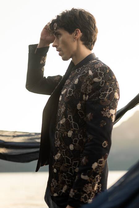 Buy_Jatin Malik_Blue Linen, Silk Beads, Embroidery Short Jacket With Kurta Set 