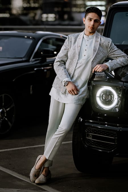 Shop_Jatin Malik_Blue Linen, Silk Embroidery, Zari, Mirrors Iris Bloom Short Jacket Kurta Set _at_Aza_Fashions