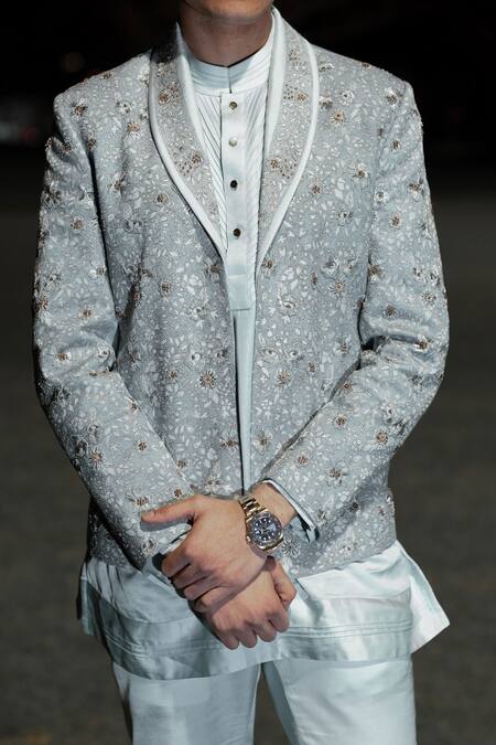 Jatin Malik_Blue Linen, Silk Embroidery, Zari, Mirrors Iris Bloom Short Jacket Kurta Set _Online_at_Aza_Fashions