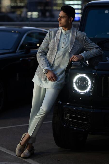 Buy_Jatin Malik_Blue Linen, Silk Embroidery, Zari, Mirrors Iris Bloom Short Jacket Kurta Set _Online_at_Aza_Fashions