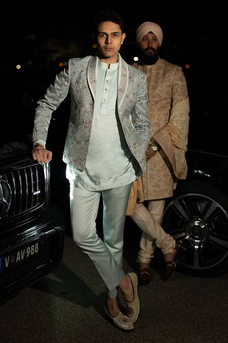 Shop_Jatin Malik_Blue Linen, Silk Embroidery, Zari, Mirrors Iris Bloom Short Jacket Kurta Set _Online_at_Aza_Fashions