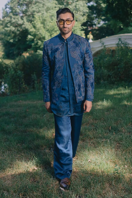 Shop Jatin Malik Blue Linen, Silk Mirrors, Embroidery Thistle Short Jacket Kurta Set at Aza Fashions Shop_Jatin Malik_Blue Linen, Silk Mirrors, Embroidery Thistle Short Jacket Kurta Set _at_Aza_Fashions