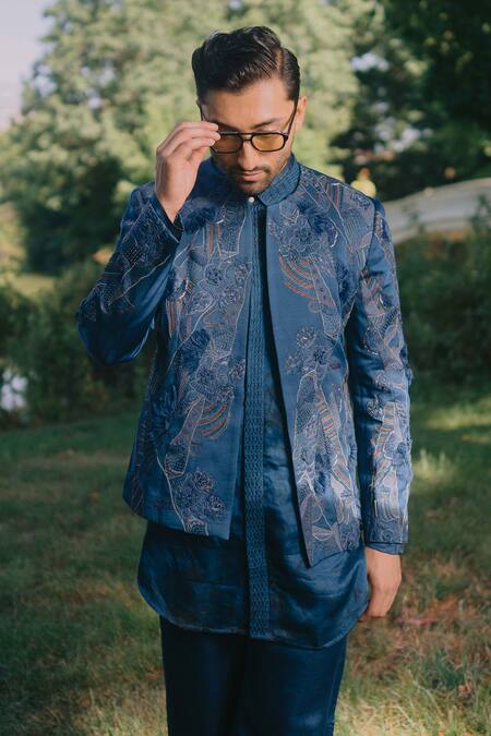 Jatin Malik Blue Linen, Silk Mirrors, Embroidery Thistle Short Jacket Kurta Set Online at Aza Fashions Jatin Malik_Blue Linen, Silk Mirrors, Embroidery Thistle Short Jacket Kurta Set _Online_at_Aza_Fashions